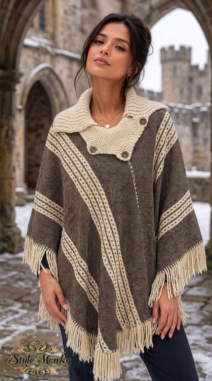 Acao Social Diocesana Heavy Duty Winter Knit Poncho - Brown Fringe
